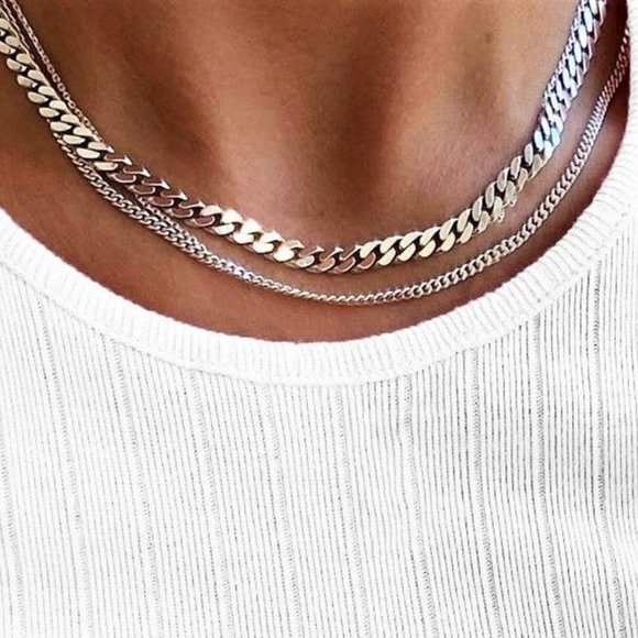 925 Sterling Silver Curb Chains, Set of 2 Layering Chains Stamped 925 ITALY - Picture 1 of 5